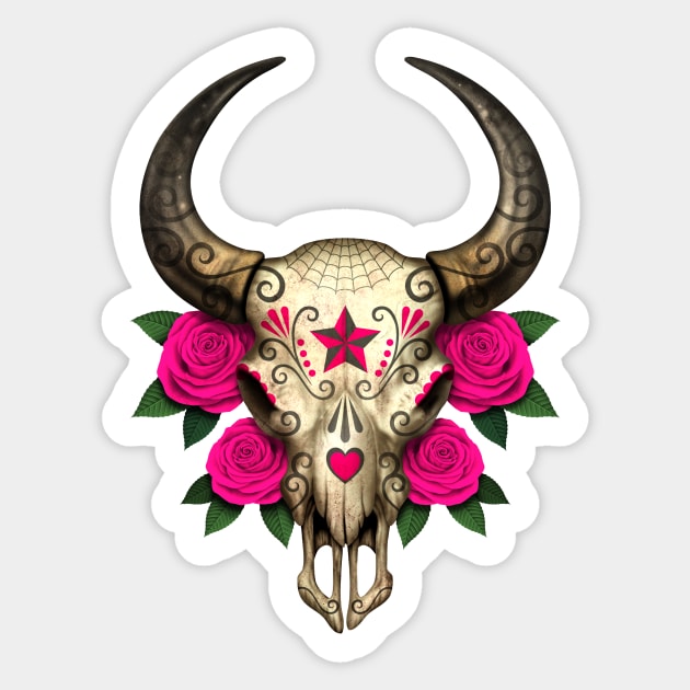 Bull Sugar Skull with Pink Roses Sticker by jeffbartels